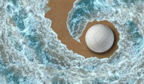 サマースポーツの楽しいアクティビティシンボルとしてのクールな海の波や海の水で砂浜のボールとしてのビーチバレー ストック画像