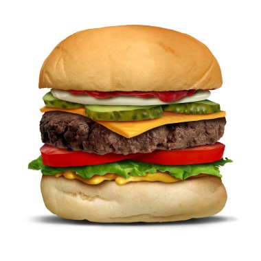 Perfect Hamburger as an American Burger all dressed with fresh toppings ingredients assembled for a perfect classic hamburger with a meat patty lettuce onions ketchup sauce pickles tomato and cheese slice. clipart