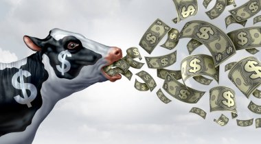 Cash Cow business metaphor as a success symbol  for a profitable company or service generating profit and growing wealth for profitability like cows producing milk consistently. clipart