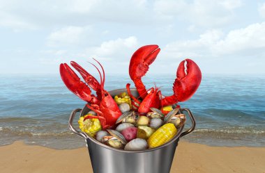 Lobster Bake on the beach as a Pot of lobsters boiling with corn clams and potatoes as a classic Atlantic coast festive meal and seafood cooking in New England. clipart