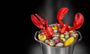 Lobster Bake Pot or lobsters boiling with corn clams and potatoes as a classic Atlantic coast festive meal and seafood cooking in New England. clipart
