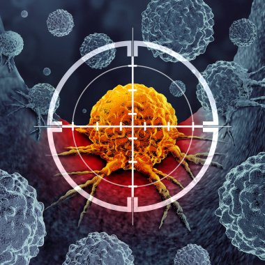 Targeting Cancer and malignant tumor detection or screening as a treatment for disease cells with a biopsy or testing caused by carcinogens and genetics with a cancerous cell as an immunotherapy symbol. clipart