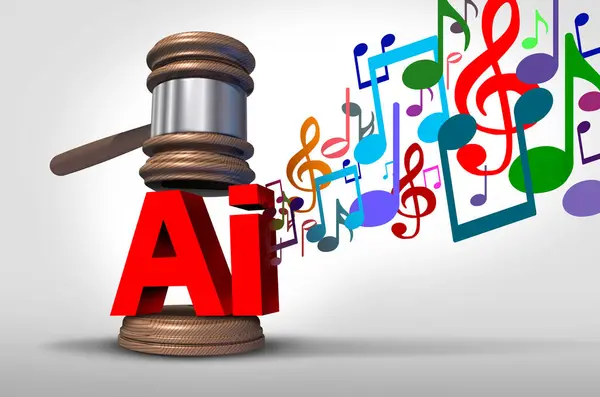 Stock image AI Music Law Issues and Artificial Intelligence song technology regulation as legal and ethical issues for copyright and intellectual property implications for legality to regulate digital tune usage.