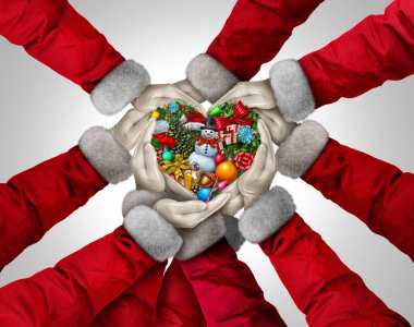 Merry Christmas Holiday Love and community unity as a group of Santa Clause hands and arms joining together in the spirit of the season for giving and celebrating hope for the New Year. clipart