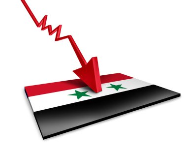 Syrian Political Chaos and civil war as a Middle East conflict in Damascus Aleppo Homs and Latakia near the euphrates river and Golan Heights as a declining arrow symbol of security challenges. clipart