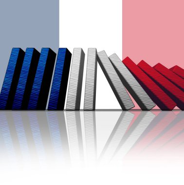 French Government Collapse as a symbol of France government crisis with collapsing dominos representing french politis and Paris turmoil. clipart