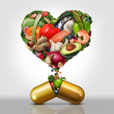 Dietary supplement love as a capsule with fruit vegetables nuts and beans inside a nutrient pill as a natural medicine health treatment represented by a heart. clipart