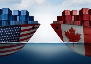 Canada United States trade war and Canadian American tariffs as two opposing cargo ships as an economic taxation dispute over import and exports concept. clipart