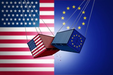 USA EU Tariff Conflict as US and European trade war or American tariffs as two opposing cargo freight containers as an international economic dispute over import and exports concept. clipart