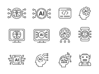 Doğrusal stil ve siyah renge sahip bir dizi yapay zeka simgesi, beyaz arkaplanda izole edilmiş, doğrusal tarzda ve siyah arkaplanda izole edilmiş.