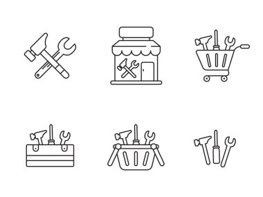 Beyaz arkaplanda doğrusal tarzda izole edilmiş malzeme dükkânı simgeleri kümesi