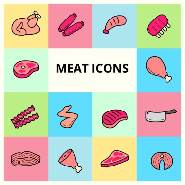 Doğrusal renk tarzına sahip et simgeleri. Renkli tasarım ile vektör illüstrasyonunu etlerName 