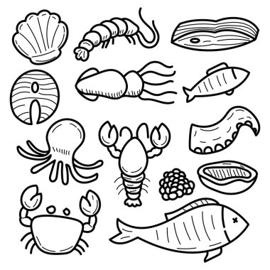 Set of seafood doodle illustrations with cute design isolated on white background