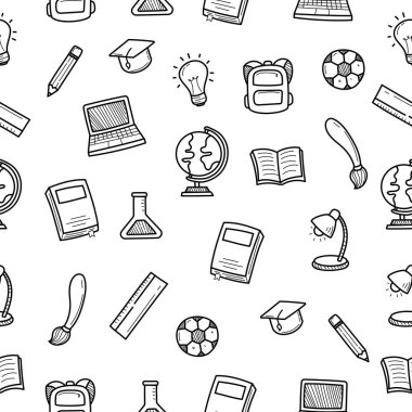 School doodle seamless pattern with black and white color. Set of school doodle illustration