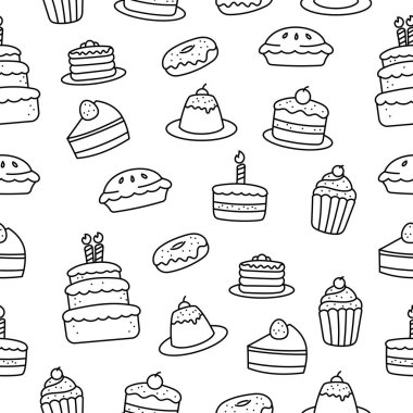 Cake doodle seamless pattern with black and white color. Set of cake doodle illustrations