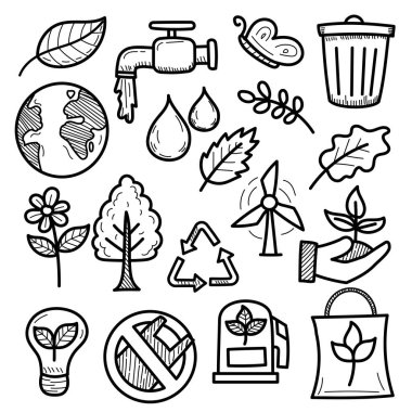 Set of ecology doodle illustrations with cute design isolated on white background