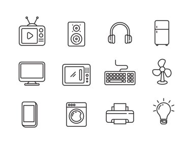 Set of home appliance and electronic icons in linear style isolated on white background