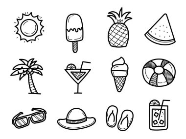 Set of summer doodle icons with cute designs isolated on white background