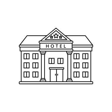 Hotel building vector illustration in simple line art design isolated on white background. Linear style of hotel icon