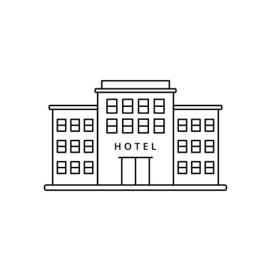 Hotel building vector illustration in simple line art design isolated on white background. Linear style of hotel icon