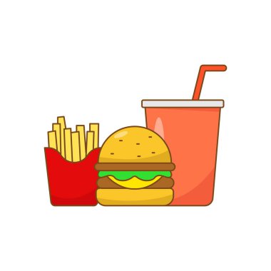 Burger, fries and cup of soda vector illustration isolated on white background. Linear color style of fast food icon