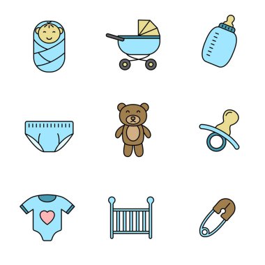 Set of newborn baby element vector illustration isolated on white background. Linear color style of baby related icon