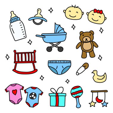 Set of hand drawn newborn baby element vector illustration isolated on white background. Colorful baby doodle vector