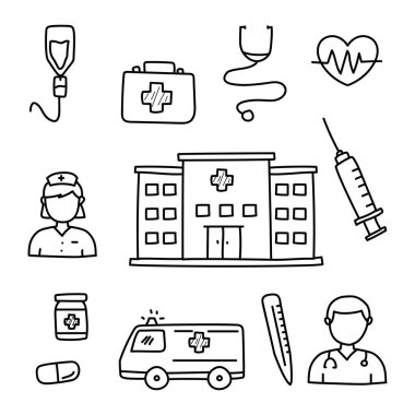 Set of hospital related doodle vector illustration isolated on white background	