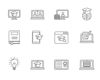 Set of online education with linear style isolated on white background	