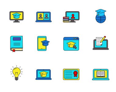 Set of online education icon with linear color style isolated on white background.	