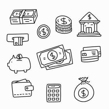 Set of money related doodle illustration isolated on white background	
