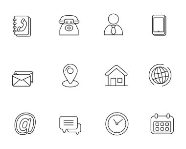 Set of contact related icon with line design isolated on white background	