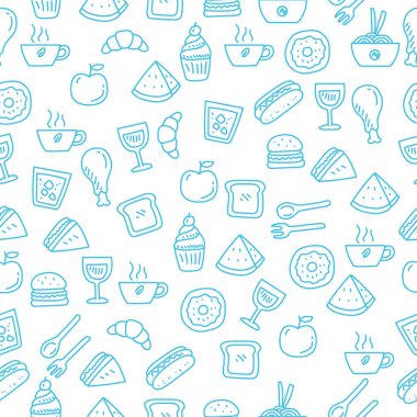 Seamless food doodle pattern with blue color	