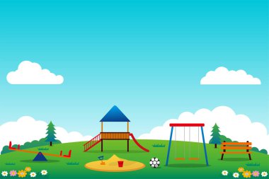 Playground for kids vector illustration with blue sky and flowers suitable for background or wallpaper
