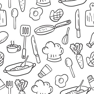 Food and kitchen seamless pattern with cute doodle style suitable for background or illustration	