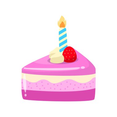Slice of cake with candle vector illustration isolated on white background. Birthday cake vector