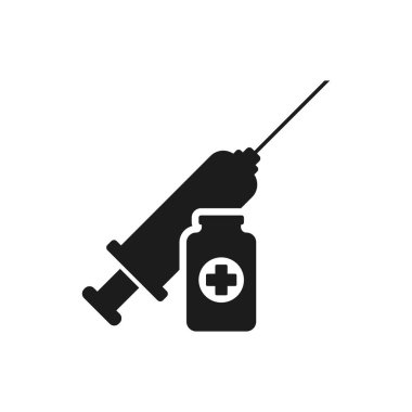 Syringe with bottle of vaccine vector in simple black style isolated on white background