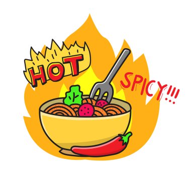 Bowl of spicy noodle with chili pepper vector illustration isolated on white background