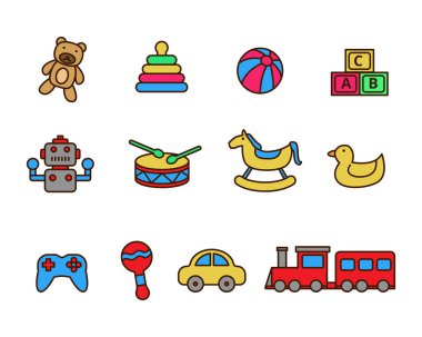 Set of toys vector illustration isolated on white background. Linear color style of toys icons	