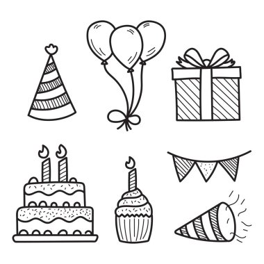 Set of birthday party doodle element vectors isolated on white background	