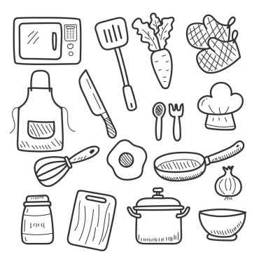 Set of kitchen doodle vector illustration with black color isolated on white background	