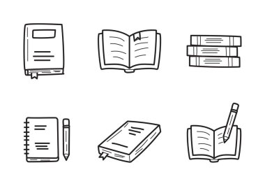 Set of book icon in doodle style with black color isolated on white background	