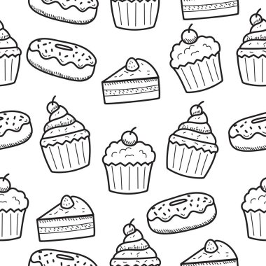 Cake doodle seamless pattern with a black and white color suitable for background or decoration