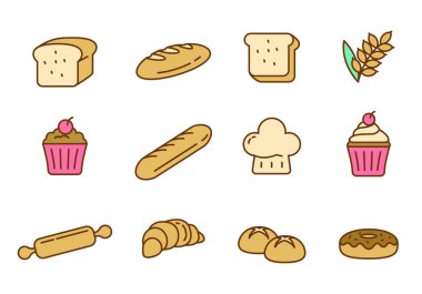 Set of bread and bakery icon in linear color style isolated on white background	