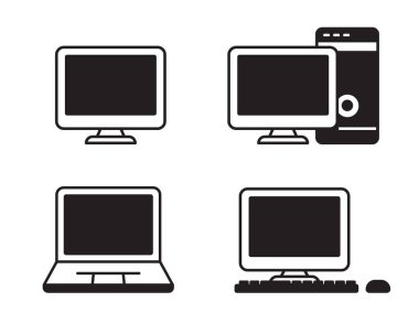 Set of computer and laptop icon with black color isolated on white background. Simple computer vector illustration