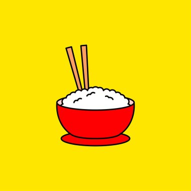 Rice on the red bowl with chopstick vector illustration isolated on yellow background. Linear color style of rice icon