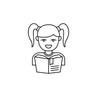 Simple line art style of girl reading a book isolated on white background. Linear style of female student icon