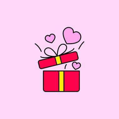 Gift box with heart vector illustration isolated on pink background. Linear color style of gift box icon	