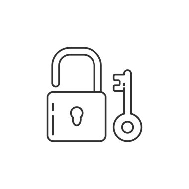 Simple line art of key and padlock illustration isolated on white background. Linear style of lock icon	