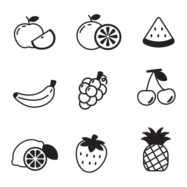 Set Fruit Icon Black Color Isolated White Background Simple Fruits — Vetor de Stock